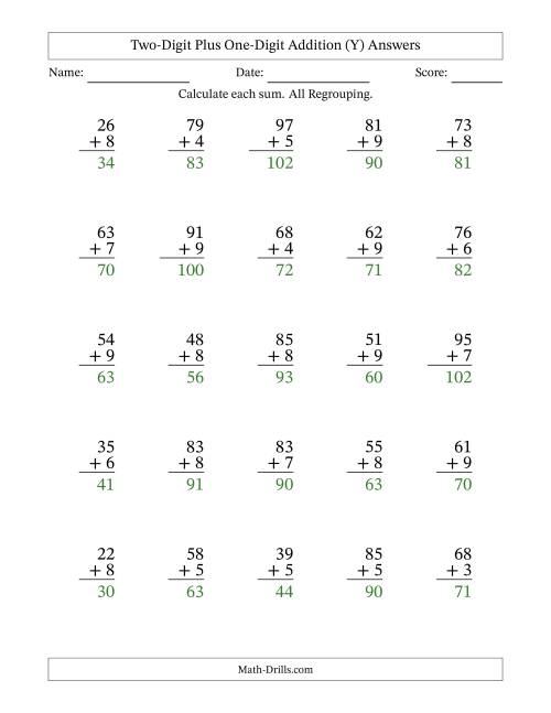 The Two-Digit Plus One-Digit Addition With All Regrouping – 25 Questions (Y) Math Worksheet Page 2