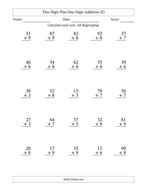 The Two-Digit Plus One-Digit Addition With All Regrouping – 25 Questions (Z) Math Worksheet