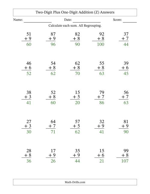 The Two-Digit Plus One-Digit Addition With All Regrouping – 25 Questions (Z) Math Worksheet Page 2