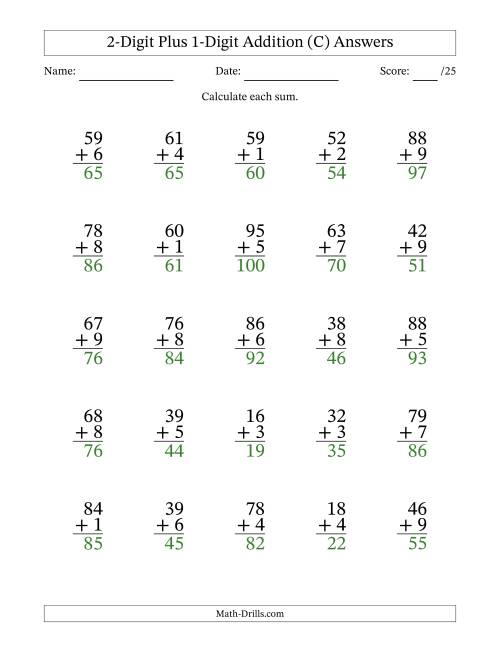 The 2-Digit Plus 1-Digit Addition With Some Regrouping (25 Questions) (C) Math Worksheet Page 2