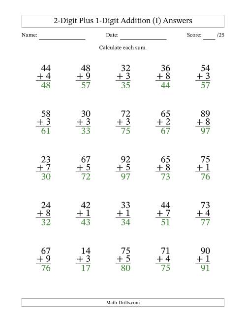 The 2-Digit Plus 1-Digit Addition With Some Regrouping (25 Questions) (I) Math Worksheet Page 2
