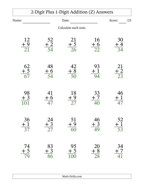 The 2-Digit Plus 1-Digit Addition With Some Regrouping (25 Questions) (Z) Math Worksheet Page 2