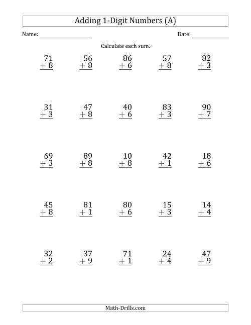 The 2-Digit Plus 1-Digit Addition with SOME Regrouping (Sums Less Than 100) (A) Math Worksheet