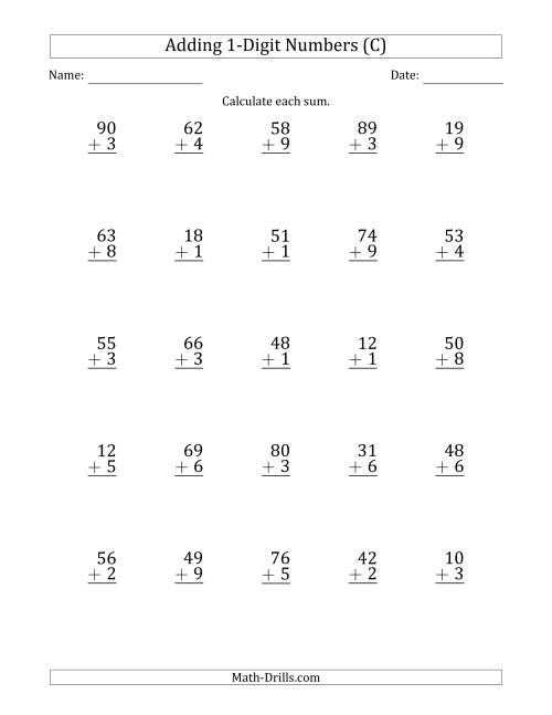 The 2-Digit Plus 1-Digit Addition with SOME Regrouping (Sums Less Than 100) (C) Math Worksheet