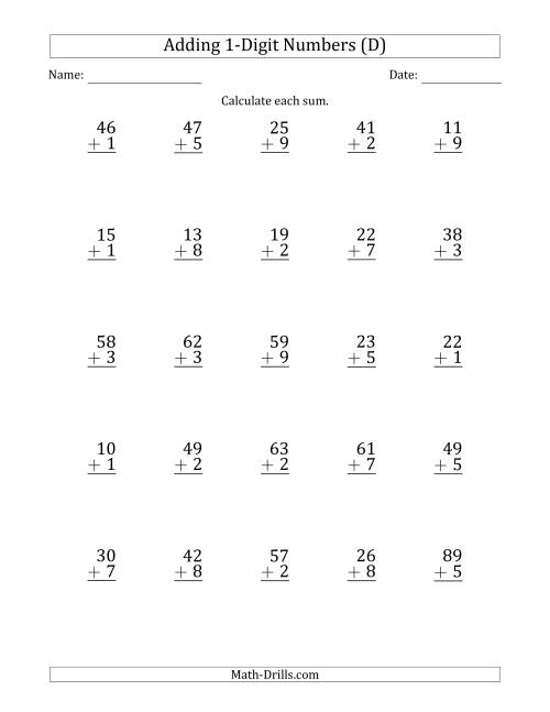 The 2-Digit Plus 1-Digit Addition with SOME Regrouping (Sums Less Than 100) (D) Math Worksheet