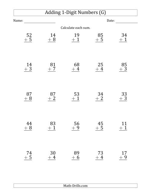The 2-Digit Plus 1-Digit Addition with SOME Regrouping (Sums Less Than 100) (G) Math Worksheet