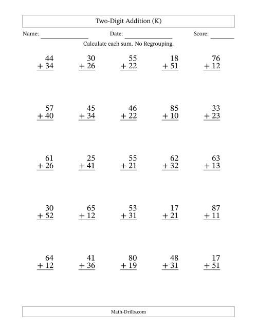 The Two-Digit Addition With No Regrouping – 25 Questions (K) Math Worksheet