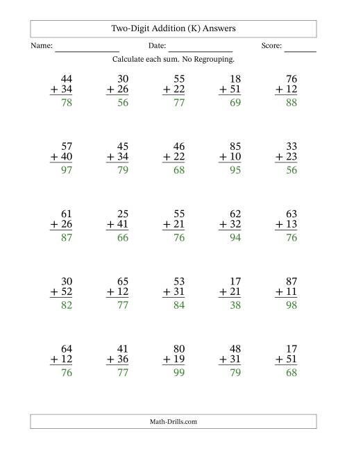 The Two-Digit Addition With No Regrouping – 25 Questions (K) Math Worksheet Page 2