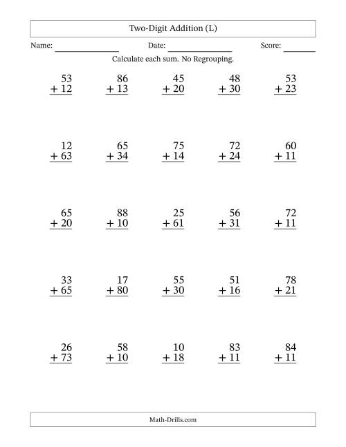 The Two-Digit Addition With No Regrouping – 25 Questions (L) Math Worksheet