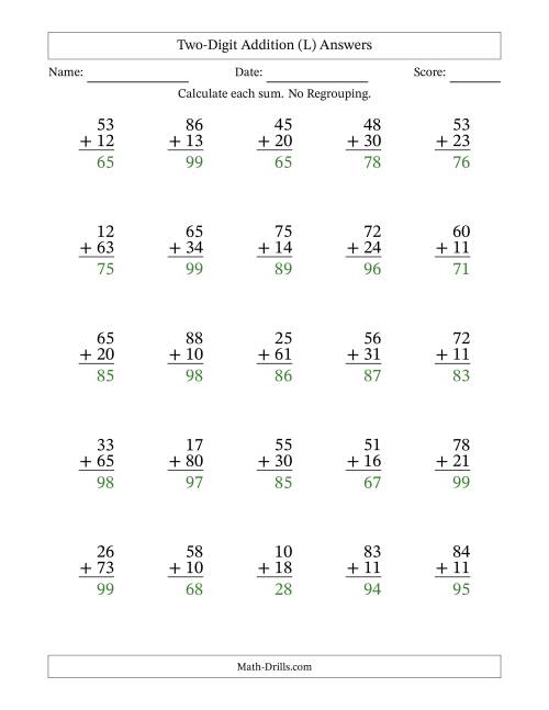 The Two-Digit Addition With No Regrouping – 25 Questions (L) Math Worksheet Page 2
