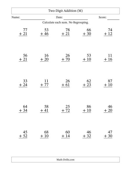 The Two-Digit Addition With No Regrouping – 25 Questions (M) Math Worksheet