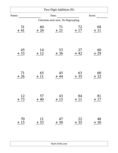 The Two-Digit Addition With No Regrouping – 25 Questions (N) Math Worksheet