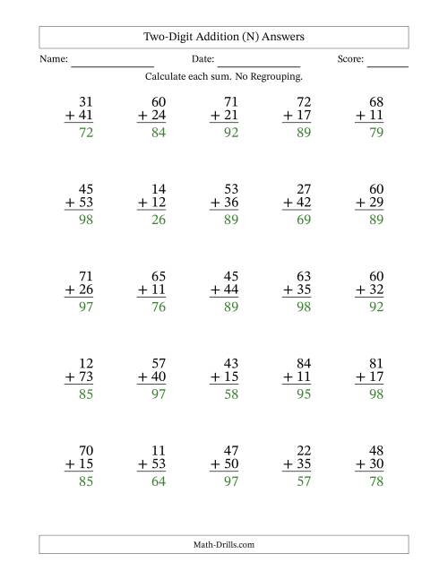 The Two-Digit Addition With No Regrouping – 25 Questions (N) Math Worksheet Page 2