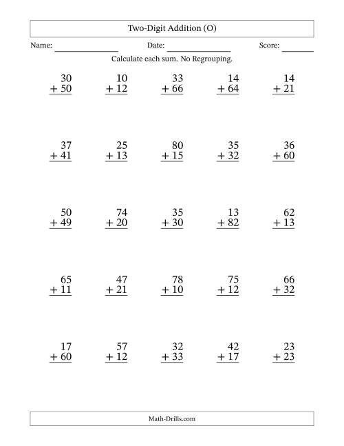 The Two-Digit Addition With No Regrouping – 25 Questions (O) Math Worksheet
