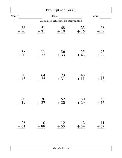 The Two-Digit Addition With No Regrouping – 25 Questions (P) Math Worksheet