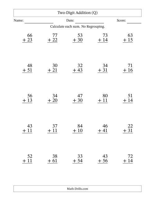 The Two-Digit Addition With No Regrouping – 25 Questions (Q) Math Worksheet