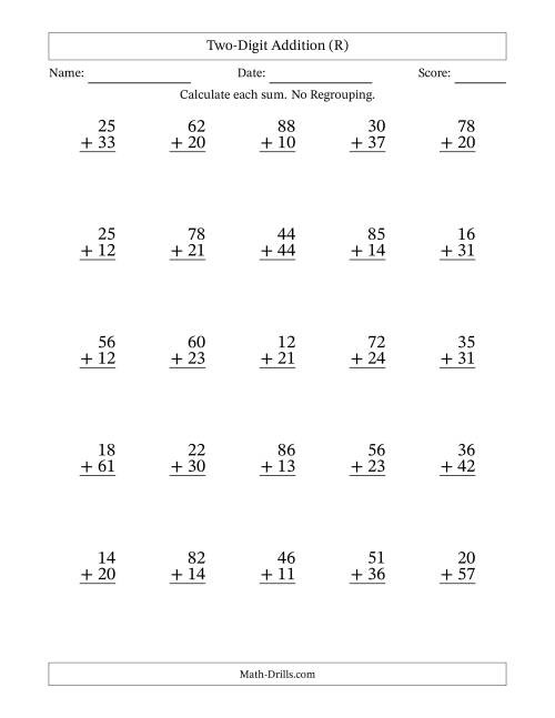 The Two-Digit Addition With No Regrouping – 25 Questions (R) Math Worksheet
