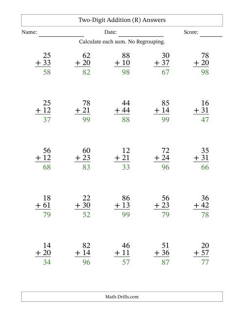 The Two-Digit Addition With No Regrouping – 25 Questions (R) Math Worksheet Page 2