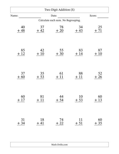 The Two-Digit Addition With No Regrouping – 25 Questions (S) Math Worksheet
