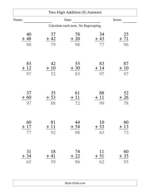 The Two-Digit Addition With No Regrouping – 25 Questions (S) Math Worksheet Page 2