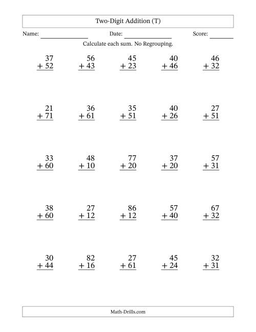 The Two-Digit Addition With No Regrouping – 25 Questions (T) Math Worksheet