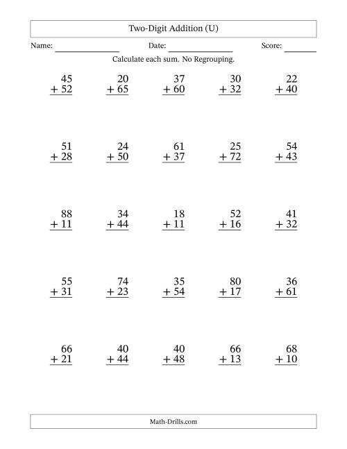 The Two-Digit Addition With No Regrouping – 25 Questions (U) Math Worksheet