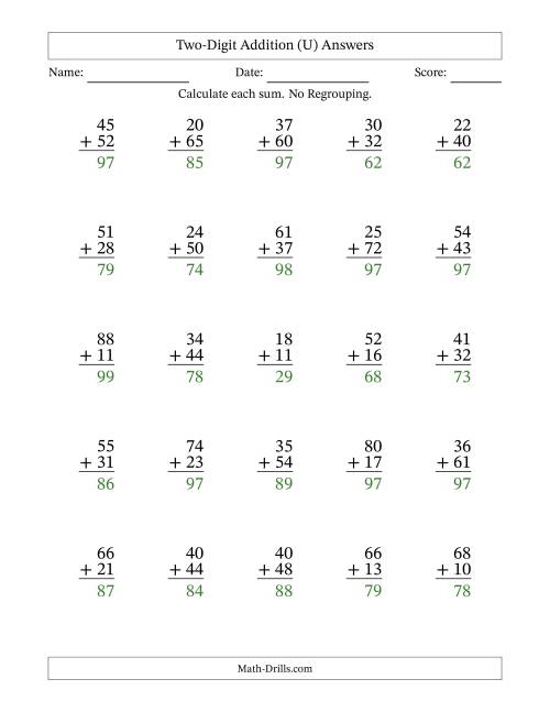 The Two-Digit Addition With No Regrouping – 25 Questions (U) Math Worksheet Page 2