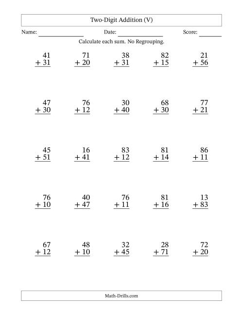 The Two-Digit Addition With No Regrouping – 25 Questions (V) Math Worksheet
