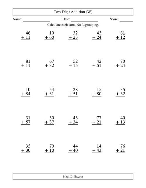 The Two-Digit Addition With No Regrouping – 25 Questions (W) Math Worksheet