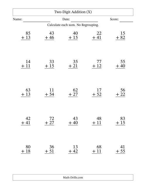 The Two-Digit Addition With No Regrouping – 25 Questions (X) Math Worksheet