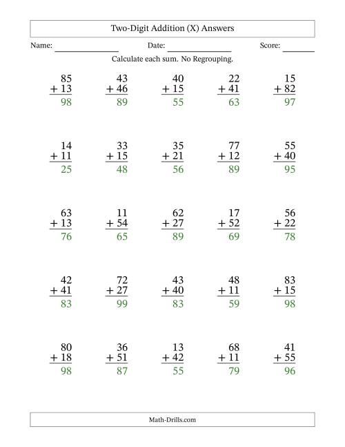 The Two-Digit Addition With No Regrouping – 25 Questions (X) Math Worksheet Page 2