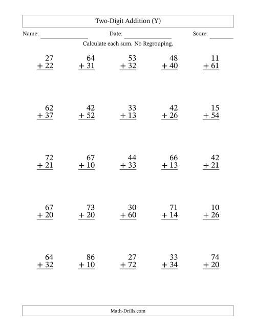 The Two-Digit Addition With No Regrouping – 25 Questions (Y) Math Worksheet