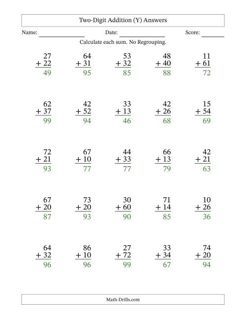 The Two-Digit Addition With No Regrouping – 25 Questions (Y) Math Worksheet Page 2