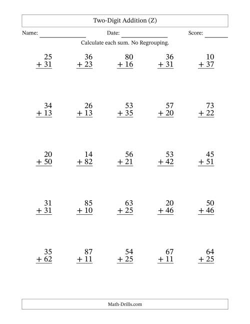 The Two-Digit Addition With No Regrouping – 25 Questions (Z) Math Worksheet