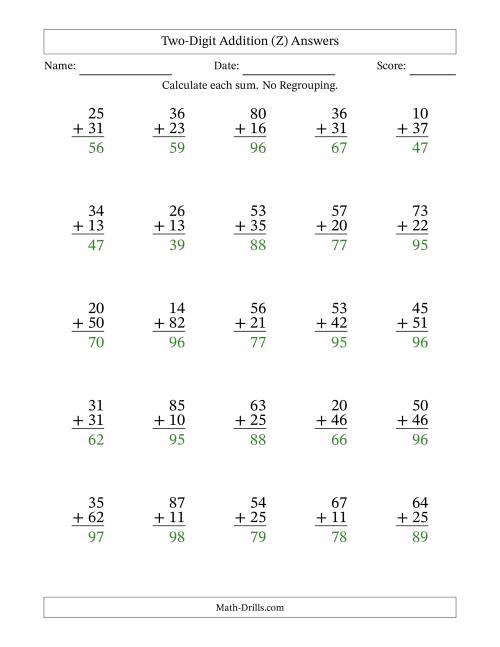 The Two-Digit Addition With No Regrouping – 25 Questions (Z) Math Worksheet Page 2
