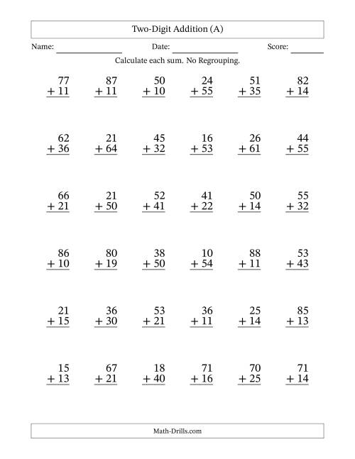 Two Digit Addition No Regrouping 36 Questions A 