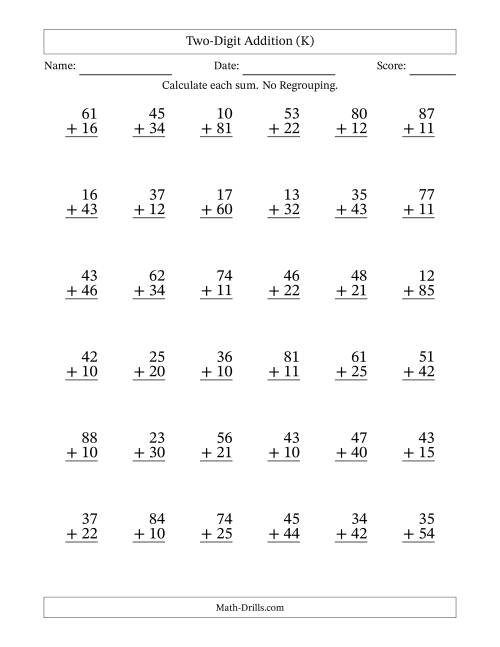 The Two-Digit Addition With No Regrouping – 36 Questions (K) Math Worksheet