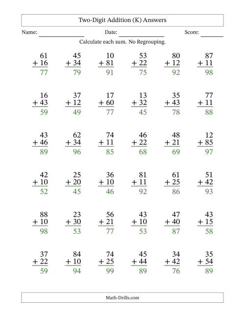 The Two-Digit Addition With No Regrouping – 36 Questions (K) Math Worksheet Page 2