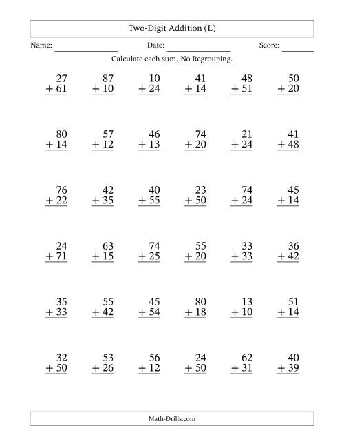 The Two-Digit Addition With No Regrouping – 36 Questions (L) Math Worksheet