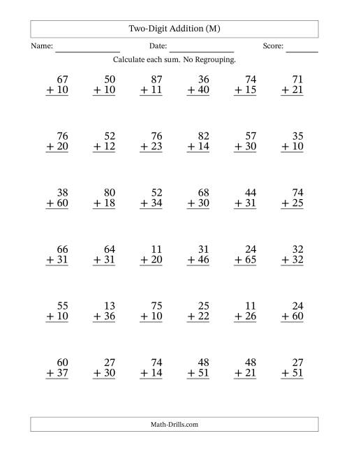 The Two-Digit Addition With No Regrouping – 36 Questions (M) Math Worksheet