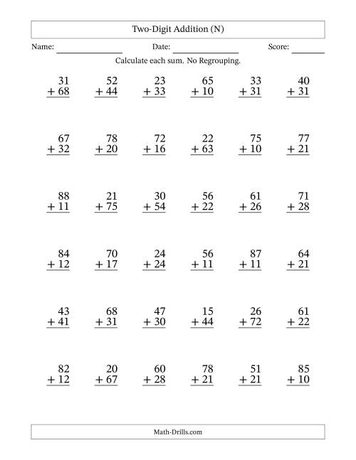 The Two-Digit Addition With No Regrouping – 36 Questions (N) Math Worksheet