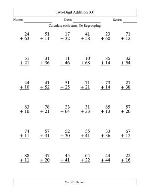 The Two-Digit Addition With No Regrouping – 36 Questions (O) Math Worksheet