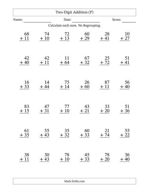 The Two-Digit Addition With No Regrouping – 36 Questions (P) Math Worksheet