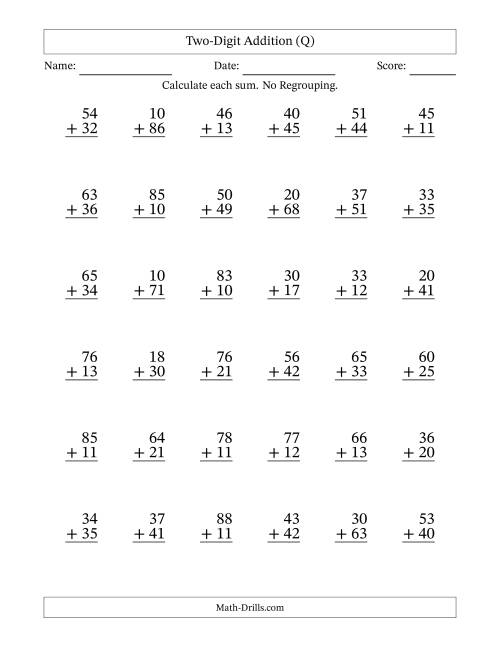 The Two-Digit Addition With No Regrouping – 36 Questions (Q) Math Worksheet