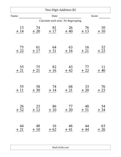 The Two-Digit Addition With No Regrouping – 36 Questions (R) Math Worksheet