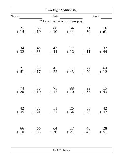 The Two-Digit Addition With No Regrouping – 36 Questions (S) Math Worksheet