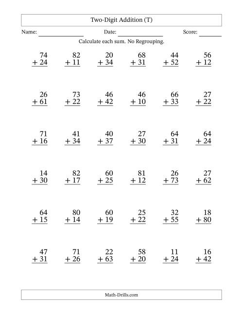 The Two-Digit Addition With No Regrouping – 36 Questions (T) Math Worksheet