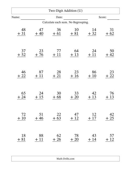 The Two-Digit Addition With No Regrouping – 36 Questions (U) Math Worksheet