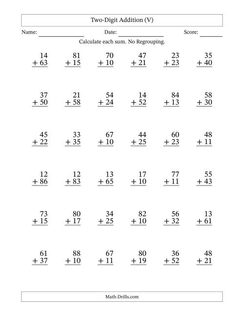 The Two-Digit Addition With No Regrouping – 36 Questions (V) Math Worksheet
