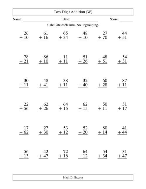 The Two-Digit Addition With No Regrouping – 36 Questions (W) Math Worksheet